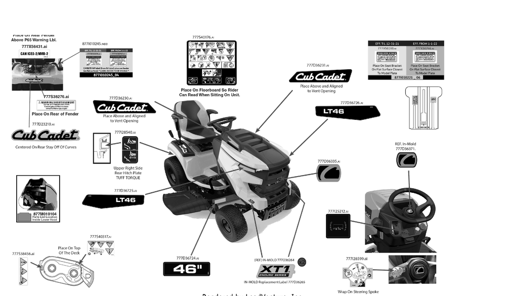 Label Map Diagram and Parts List for XT1-LT46KH (13AQA9TTB10)(2023) Cub Cadet Lawn Tractor